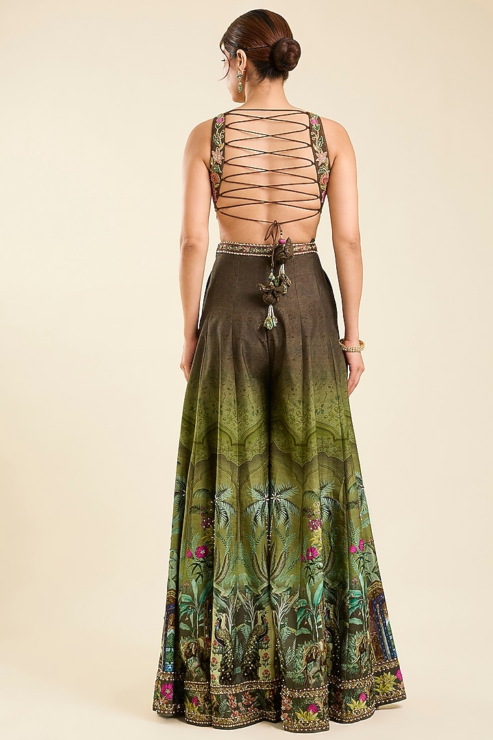 Mehendi Green Dola Silk Printed Wedding Sharara Set by Kalista at Pernia's Pop Up Shop