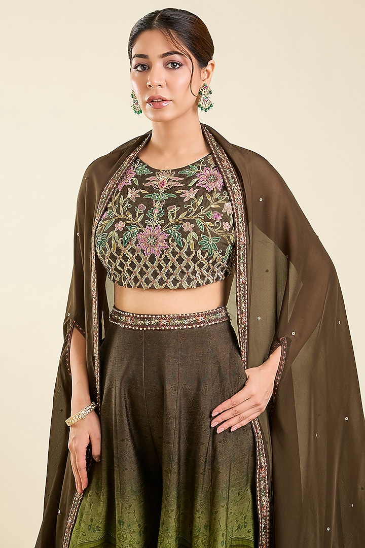 Mehendi Green Dola Silk Printed Wedding Sharara Set by Kalista at Pernia's Pop Up Shop