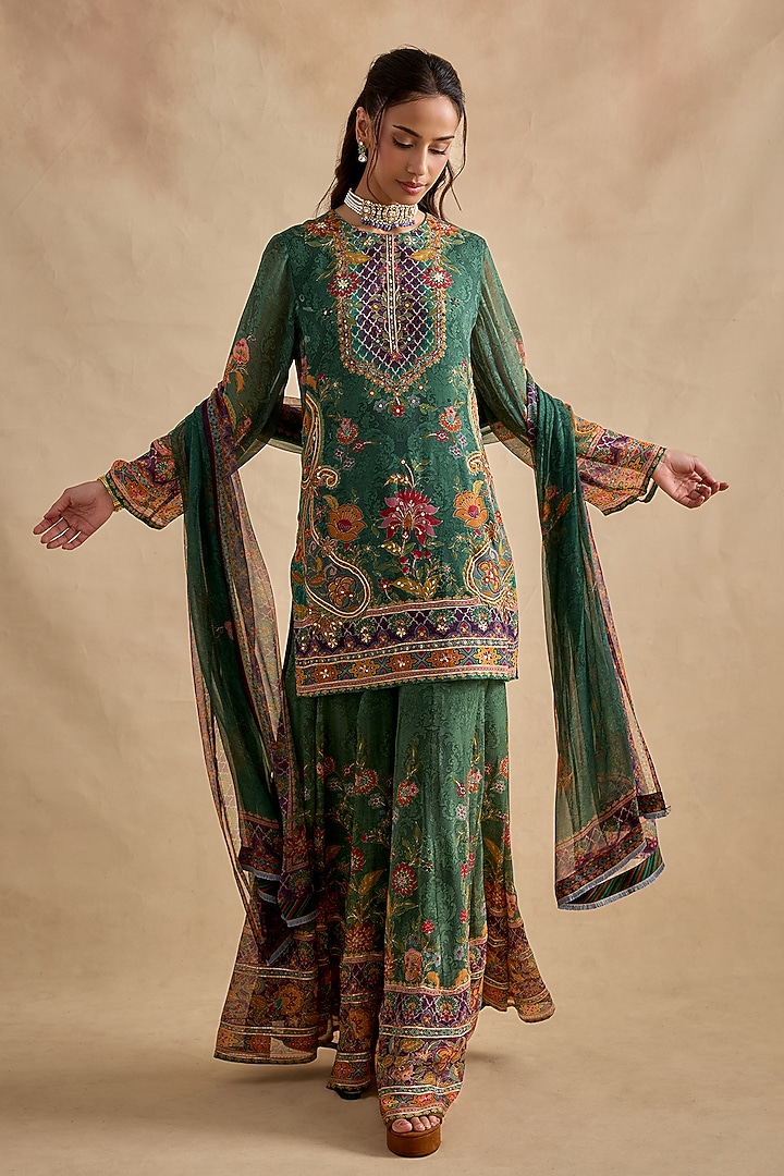 Dark Green Viscose Georgette Party Wear Sharara Set by Kalista at Pernia's Pop Up Shop