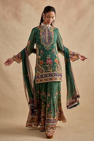 Dark Green Viscose Georgette Sharara Set by Kalista