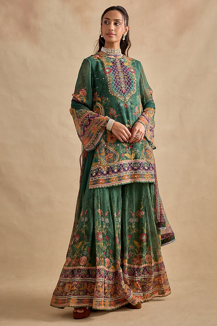 Dark Green Viscose Georgette Party Wear Sharara Set by Kalista at Pernia's Pop Up Shop