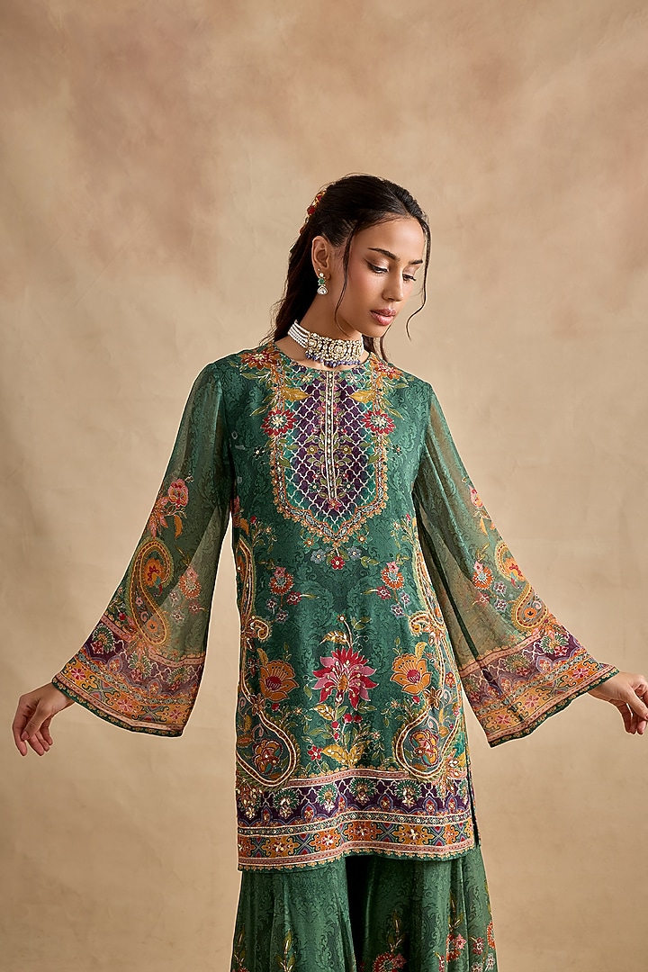 Dark Green Viscose Georgette Party Wear Sharara Set by Kalista at Pernia's Pop Up Shop