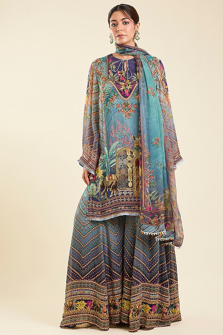 Turquoise Blue Viscose Georgette Printed Party Wear Sharara Set by Kalista at Pernia's Pop Up Shop
