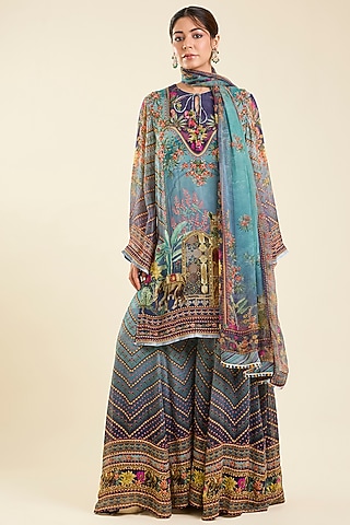 Turquoise Blue Viscose Georgette Printed Sharara Set by Kalista