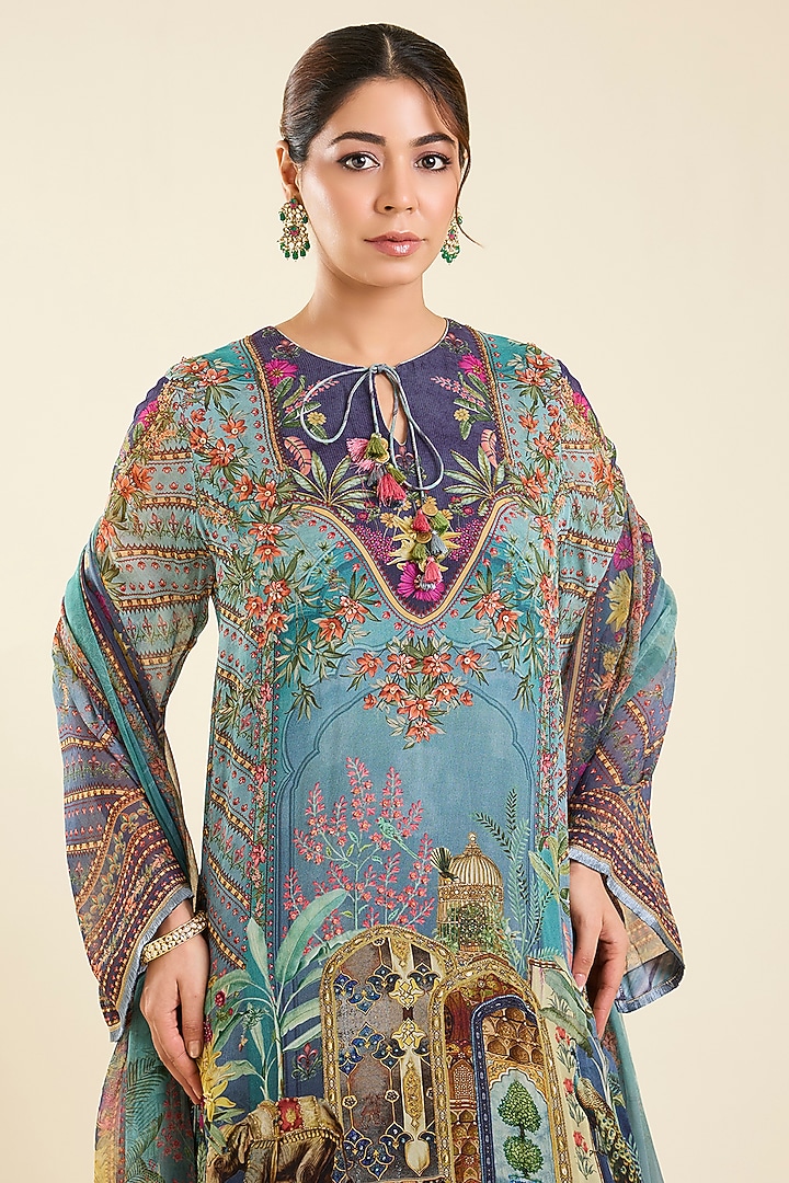 Turquoise Blue Viscose Georgette Printed Party Wear Sharara Set by Kalista at Pernia's Pop Up Shop