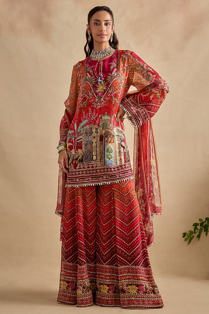 Crimson & Orange Viscose Georgette Party Wear Sharara Set by Kalista at Pernia's Pop Up Shop