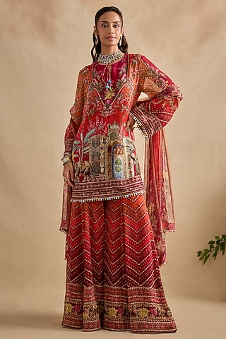 Crimson & Orange Viscose Georgette Sharara Set by Kalista