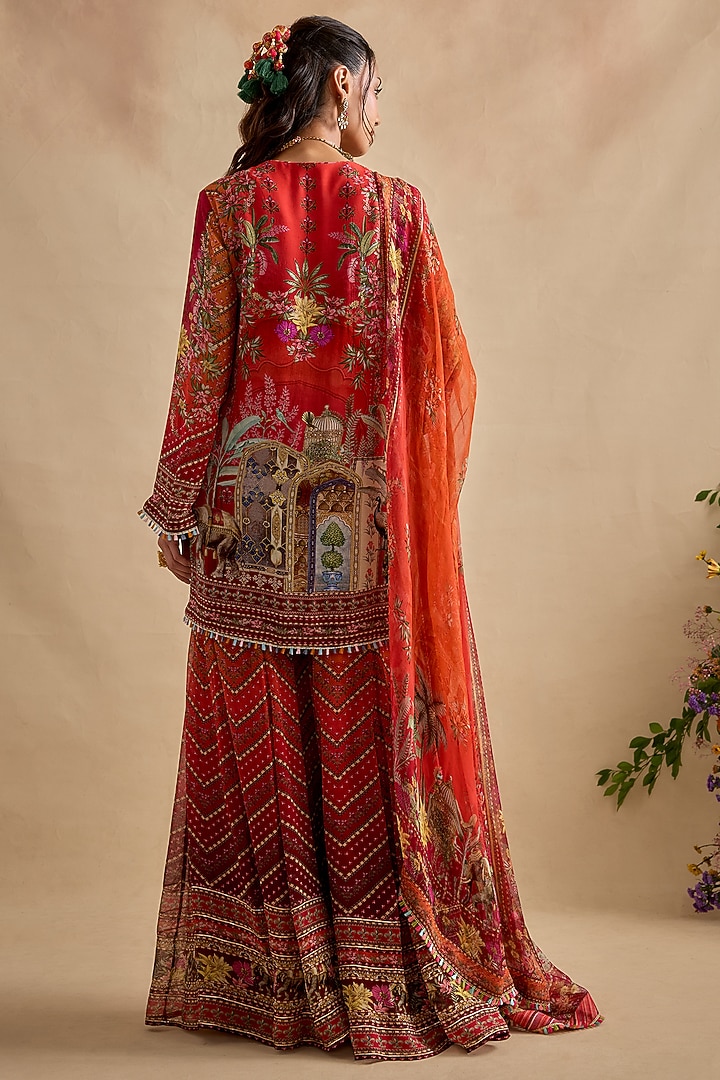 Crimson & Orange Viscose Georgette Party Wear Sharara Set by Kalista at Pernia's Pop Up Shop