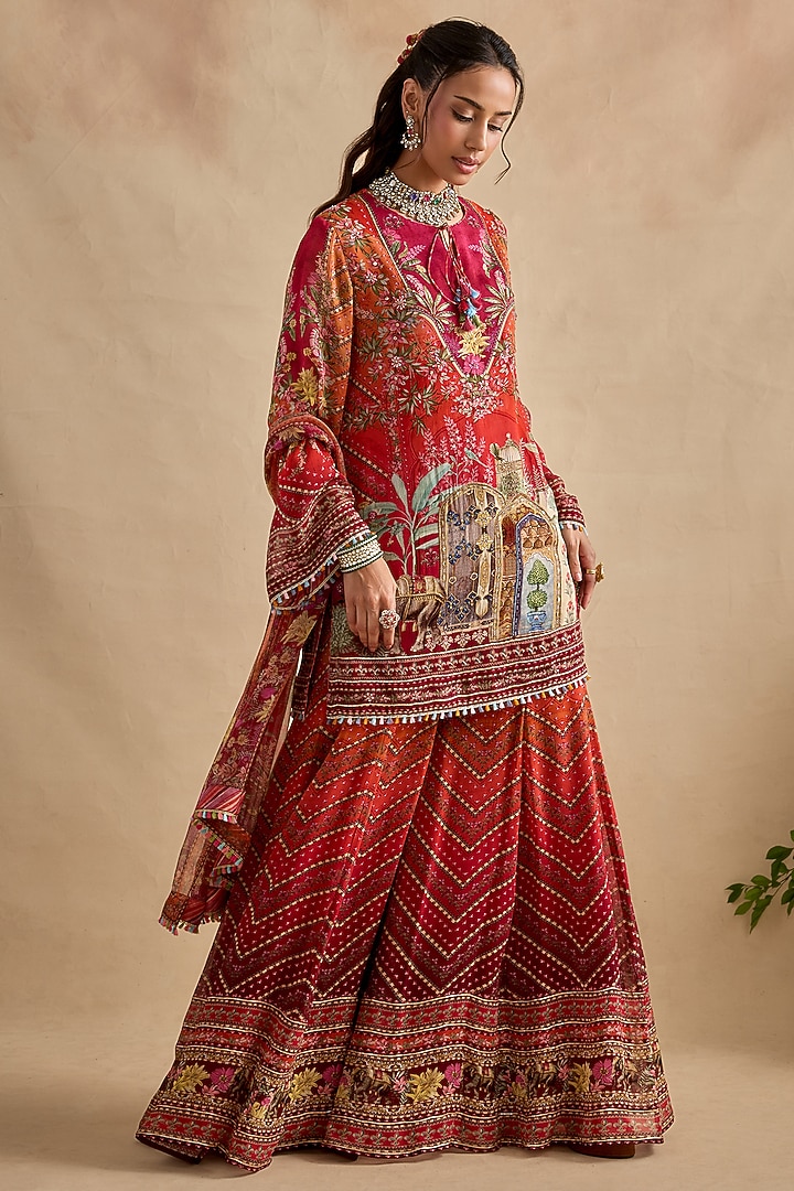 Crimson & Orange Viscose Georgette Party Wear Sharara Set by Kalista at Pernia's Pop Up Shop