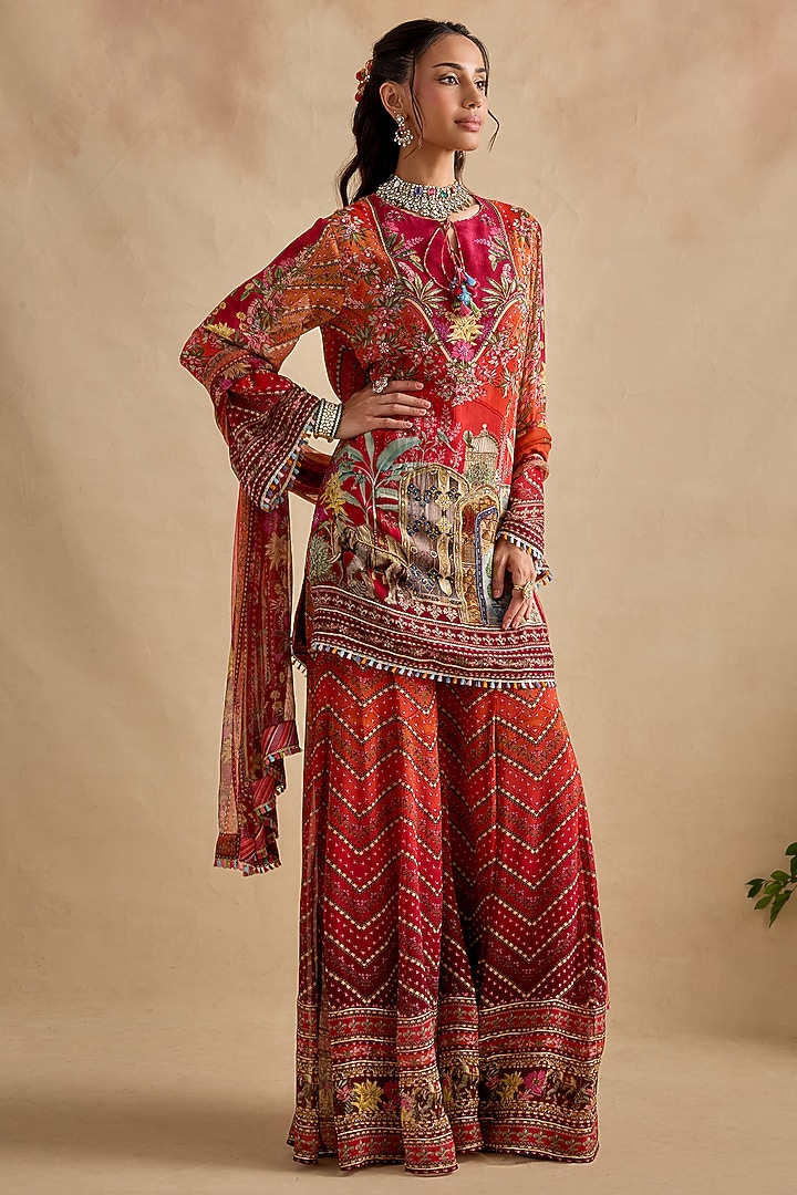 Crimson & Orange Viscose Georgette Party Wear Sharara Set by Kalista at Pernia's Pop Up Shop
