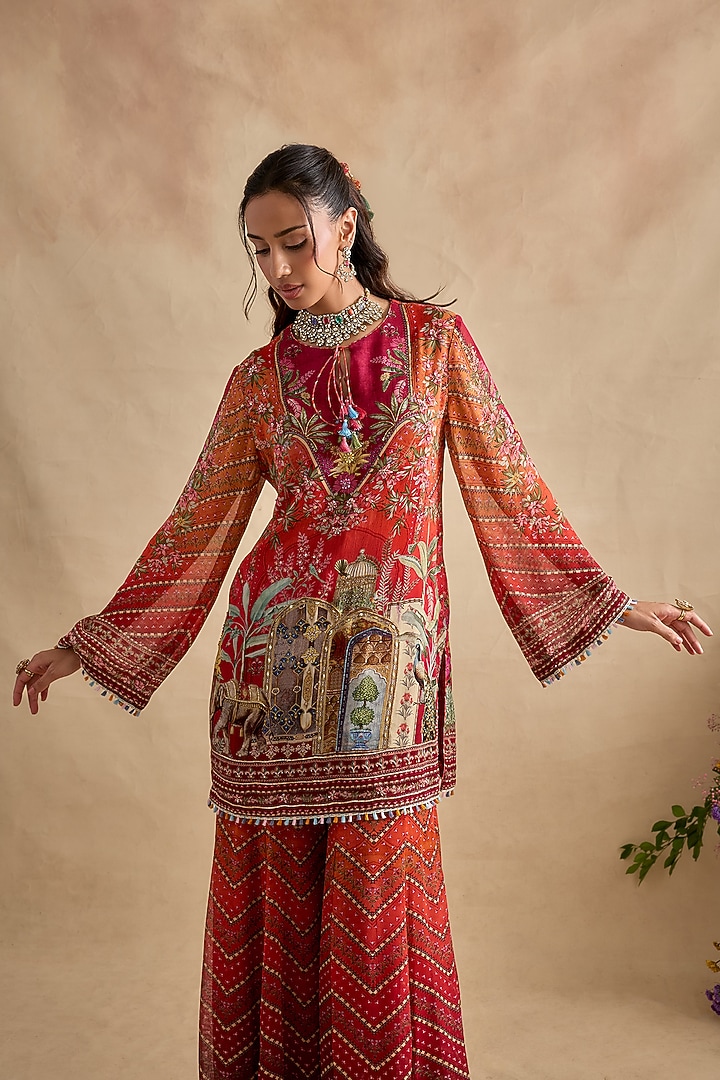 Crimson & Orange Viscose Georgette Party Wear Sharara Set by Kalista at Pernia's Pop Up Shop