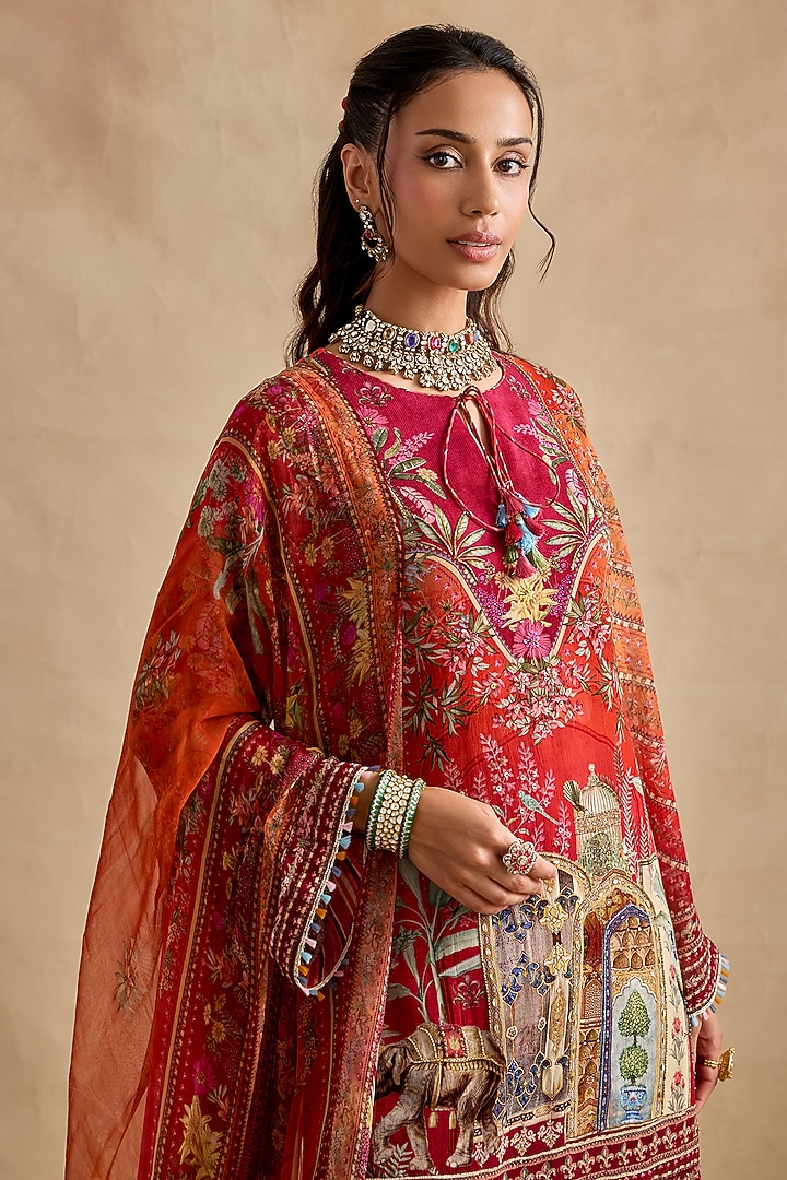 Crimson & Orange Viscose Georgette Party Wear Sharara Set by Kalista at Pernia's Pop Up Shop