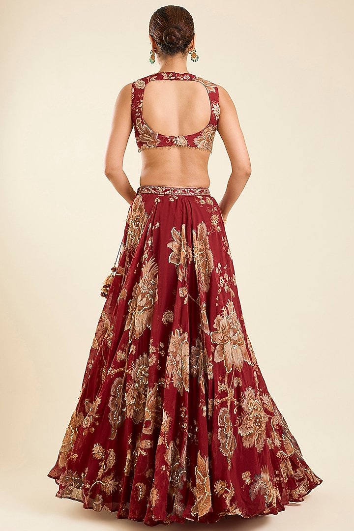 Rust Organza Printed Wedding Lehenga Set by Kalista at Pernia's Pop Up Shop