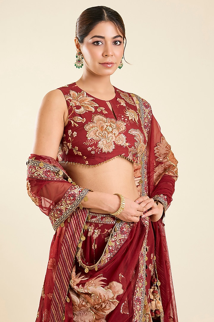 Rust Organza Printed Wedding Lehenga Set by Kalista at Pernia's Pop Up Shop