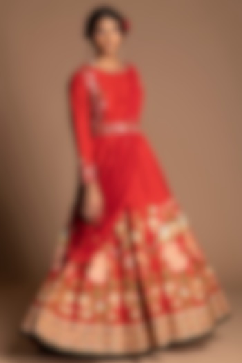 Red Embroidered Gown With Draped Dupatta & Belt by Kalista