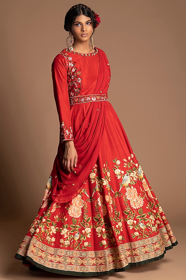 Red Embroidered Gown With Draped Dupatta & Belt by Kalista