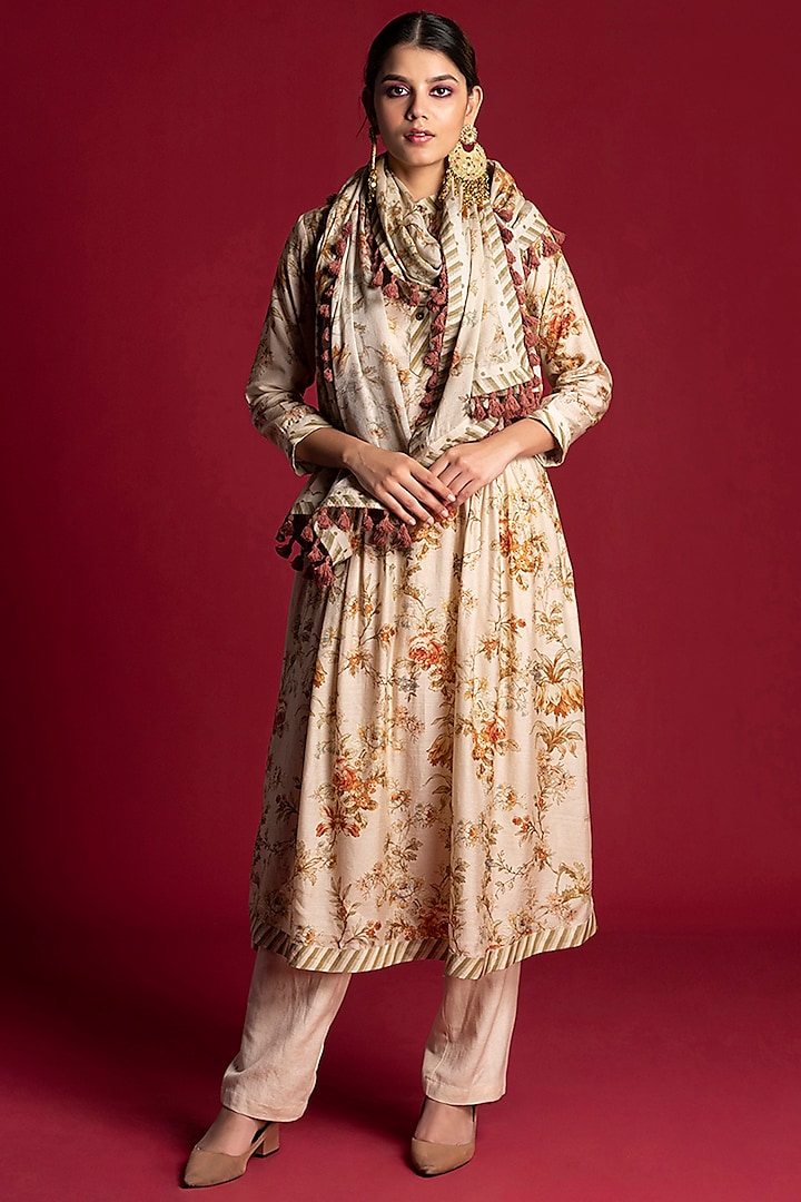 Cream Floral Tunic Set by Kalista