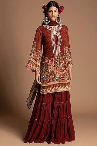 Maroon Georgette Gharara Set by Kalista