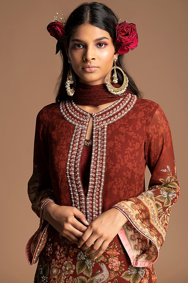 Maroon Georgette Gharara Set by Kalista at Pernia's Pop Up Shop
