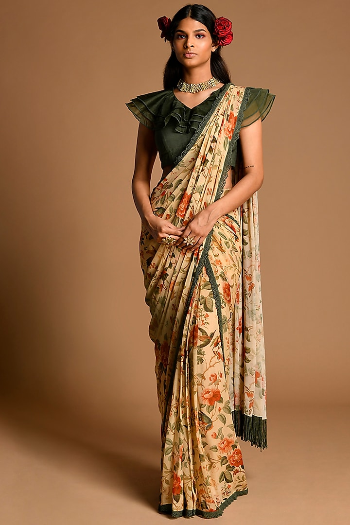 Multi Colored Floral Pre-Draped Saree Set by Kalista