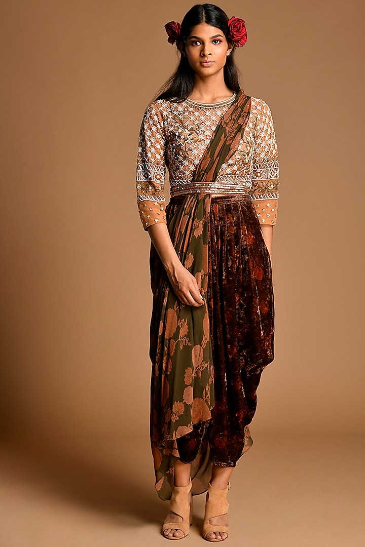 Beige & Multi Colored Embroidered Draped Pant Set by Kalista