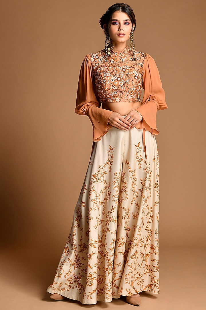 Rust & Ivory Embroidered Pant Set by Kalista