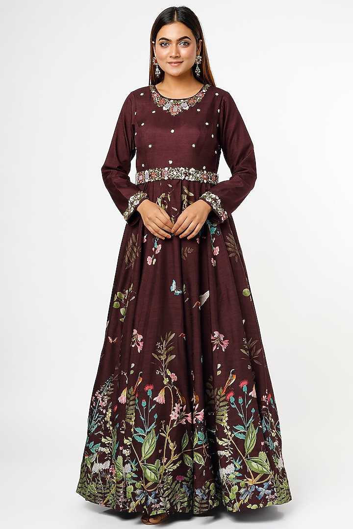 Wine Embroidered Gown With Belt by Kalista