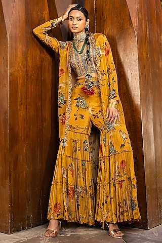 Mustard Natural Silk & Chinon Gharara Set by Kalista