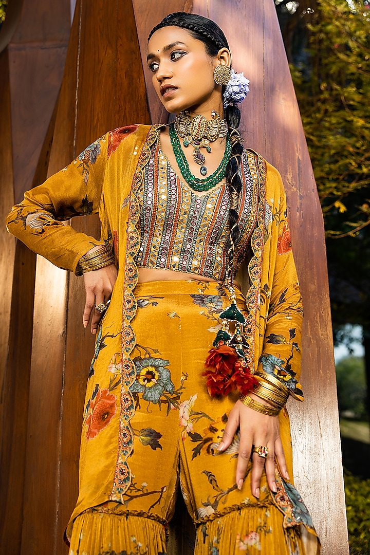 Mustard Natural Silk & Chinon Gharara Set by Kalista at Pernia's Pop Up Shop