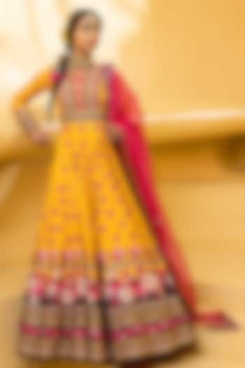 Yellow Hand Embroidered Wedding Anarkali Set by Kalista at Pernia's Pop Up Shop