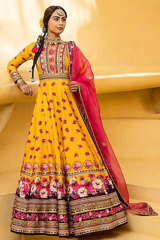Yellow Hand Embroidered Anarkali Set by Kalista