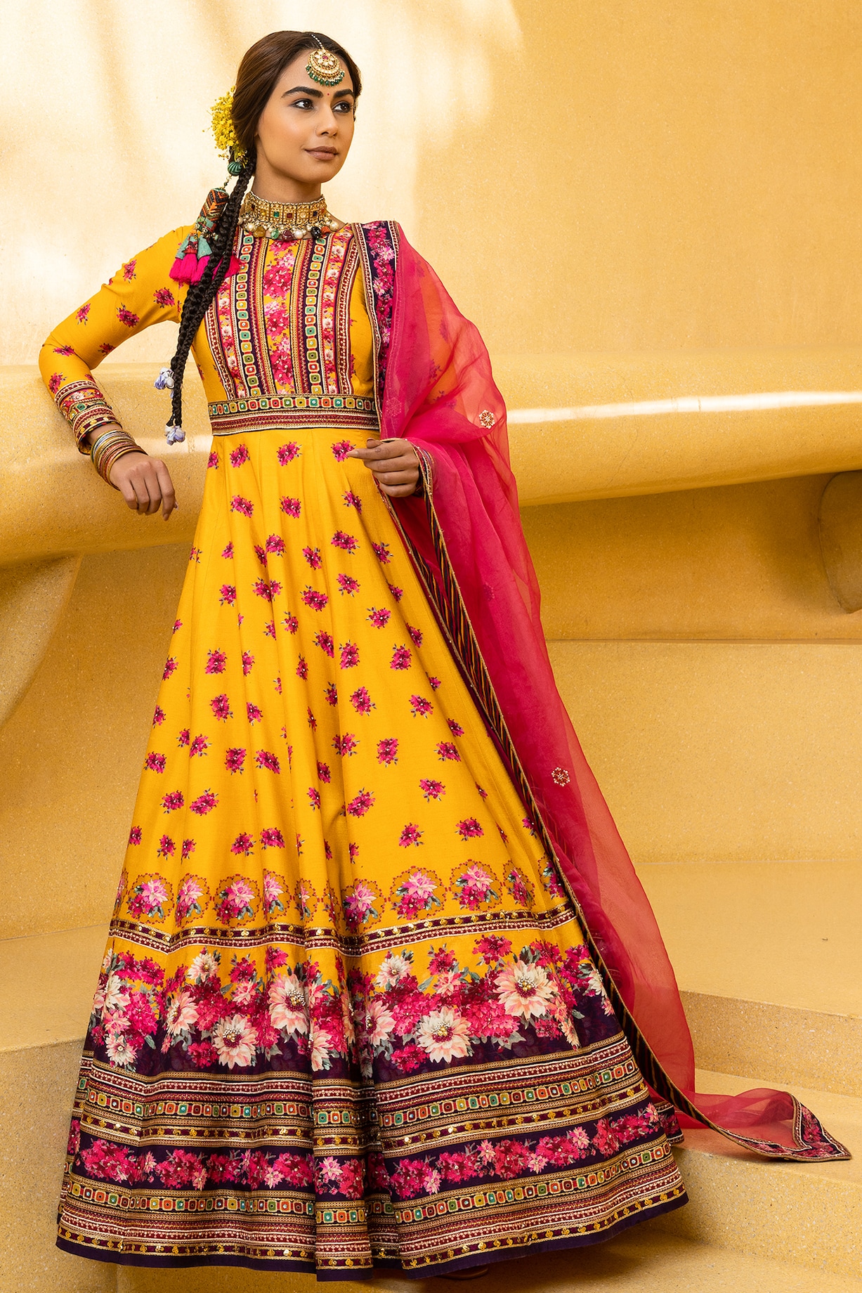 Yellow and White Printed Anarkali Set With Embroiderd Work