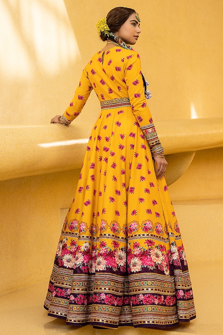 Yellow Hand Embroidered Wedding Anarkali Set by Kalista at Pernia's Pop Up Shop