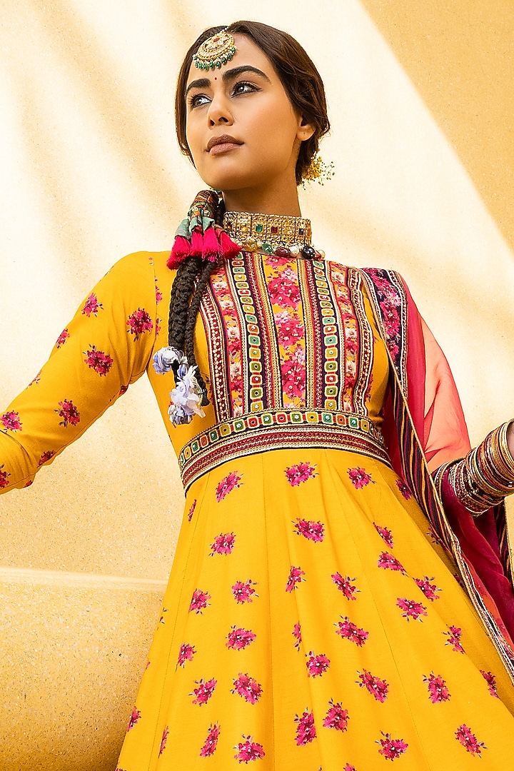 Yellow Hand Embroidered Wedding Anarkali Set by Kalista at Pernia's Pop Up Shop