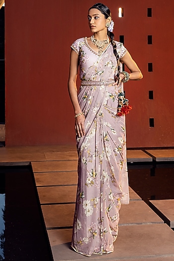Lavender Georgette Vintage Printed Pre-Draped Party Wear Saree Set by Kalista at Pernia's Pop Up Shop