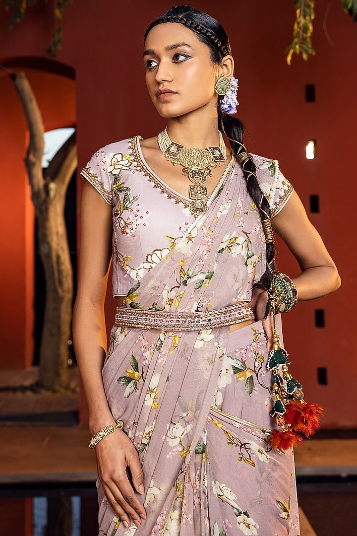 Lavender Georgette Vintage Printed Pre-Draped Party Wear Saree Set by Kalista at Pernia's Pop Up Shop