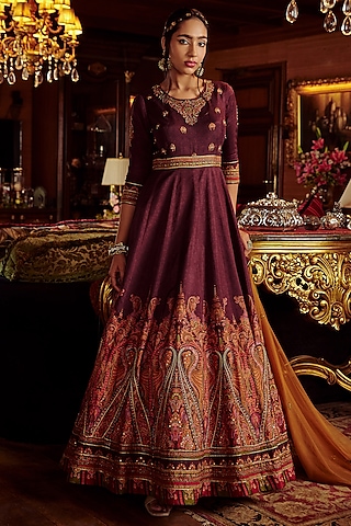 Wine Embroidered Anarkali Set by Kalista