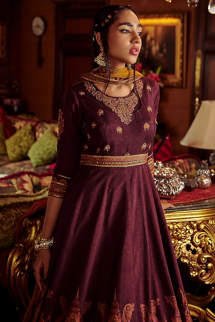 Wine Embroidered Wedding Anarkali Set by Kalista at Pernia's Pop Up Shop