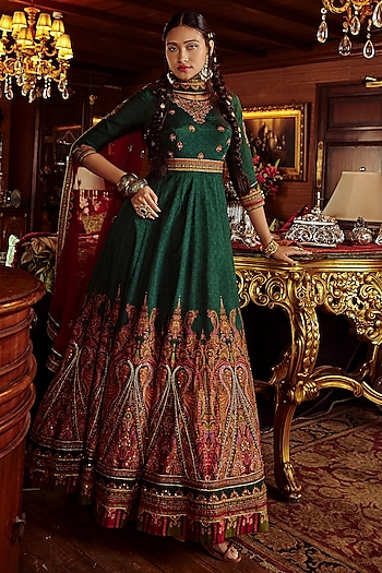 Bottle Green Embroidered Wedding Anarkali Set by Kalista at Pernia's Pop Up Shop