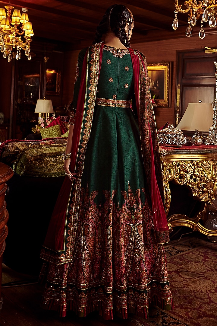 Bottle Green Embroidered Wedding Anarkali Set by Kalista at Pernia's Pop Up Shop