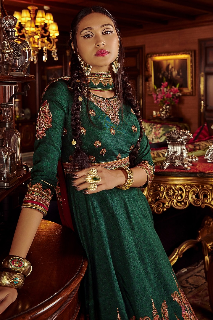 Bottle Green Embroidered Wedding Anarkali Set by Kalista at Pernia's Pop Up Shop