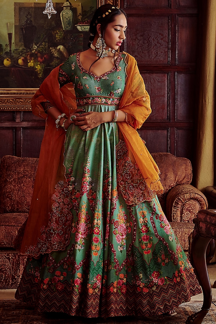 Green Embroidered Anarkali Set by Kalista