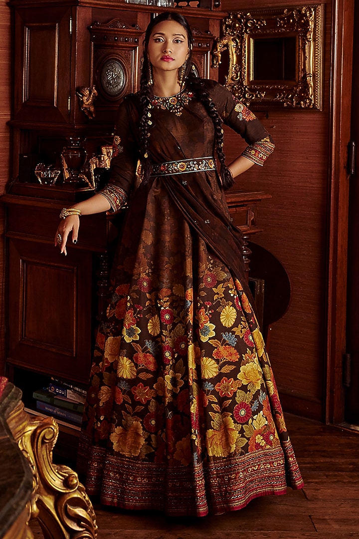 Brown Floral Printed Wedding Anarkali Set by Kalista at Pernia's Pop Up Shop