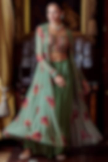 Mint Green Floral Printed Cape Set by Kalista
