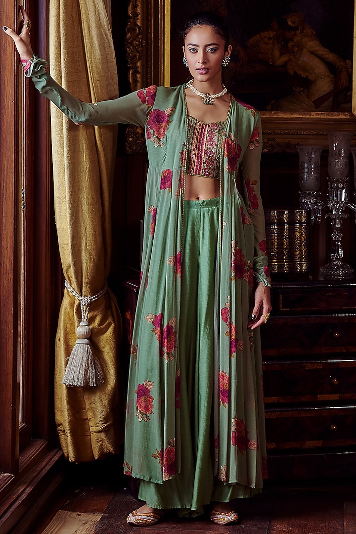 Mint Green Floral Printed Cape Set by Kalista at Pernia's Pop Up Shop