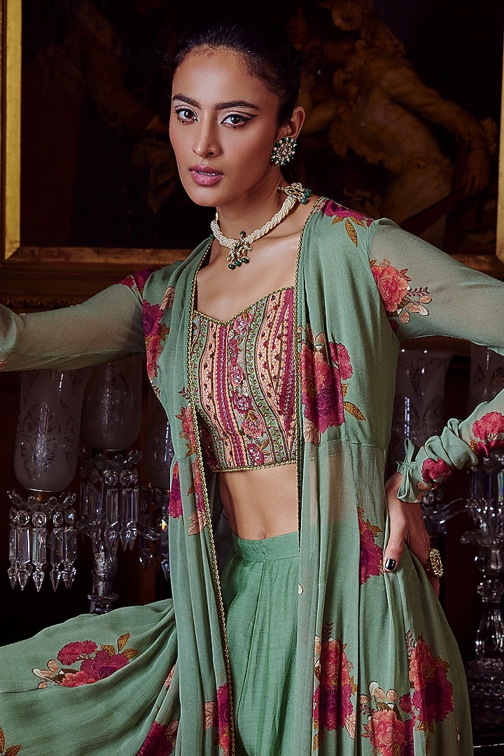 Mint Green Floral Printed Cape Set by Kalista at Pernia's Pop Up Shop