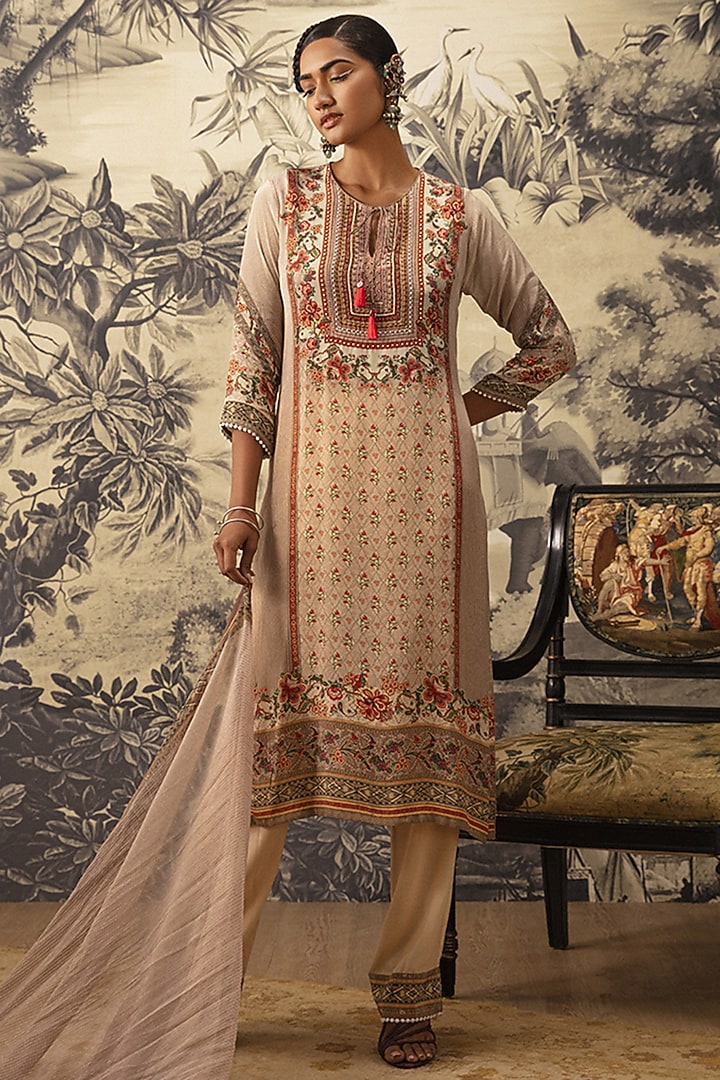 Beige Straight Kurta Set by Kalista at Pernia's Pop Up Shop