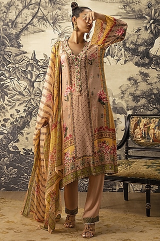 Beige A-line Kurta Set by Kalista