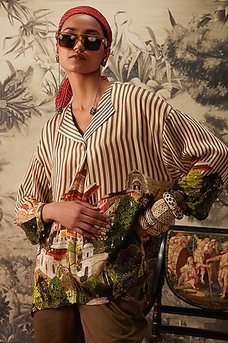 Multi-Colored Viscose Satin Stripe Printed Tunic by Kalista