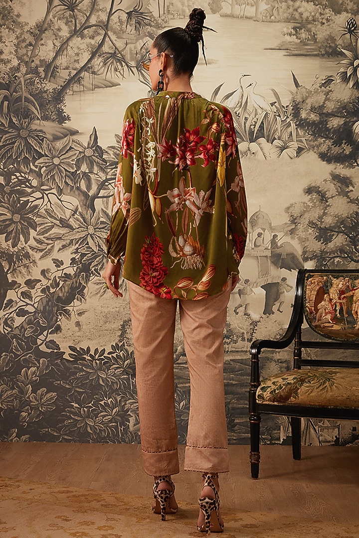 Olive Green Viscose Satin Botanical Motif Printed Tunic by Kalista at Pernia's Pop Up Shop